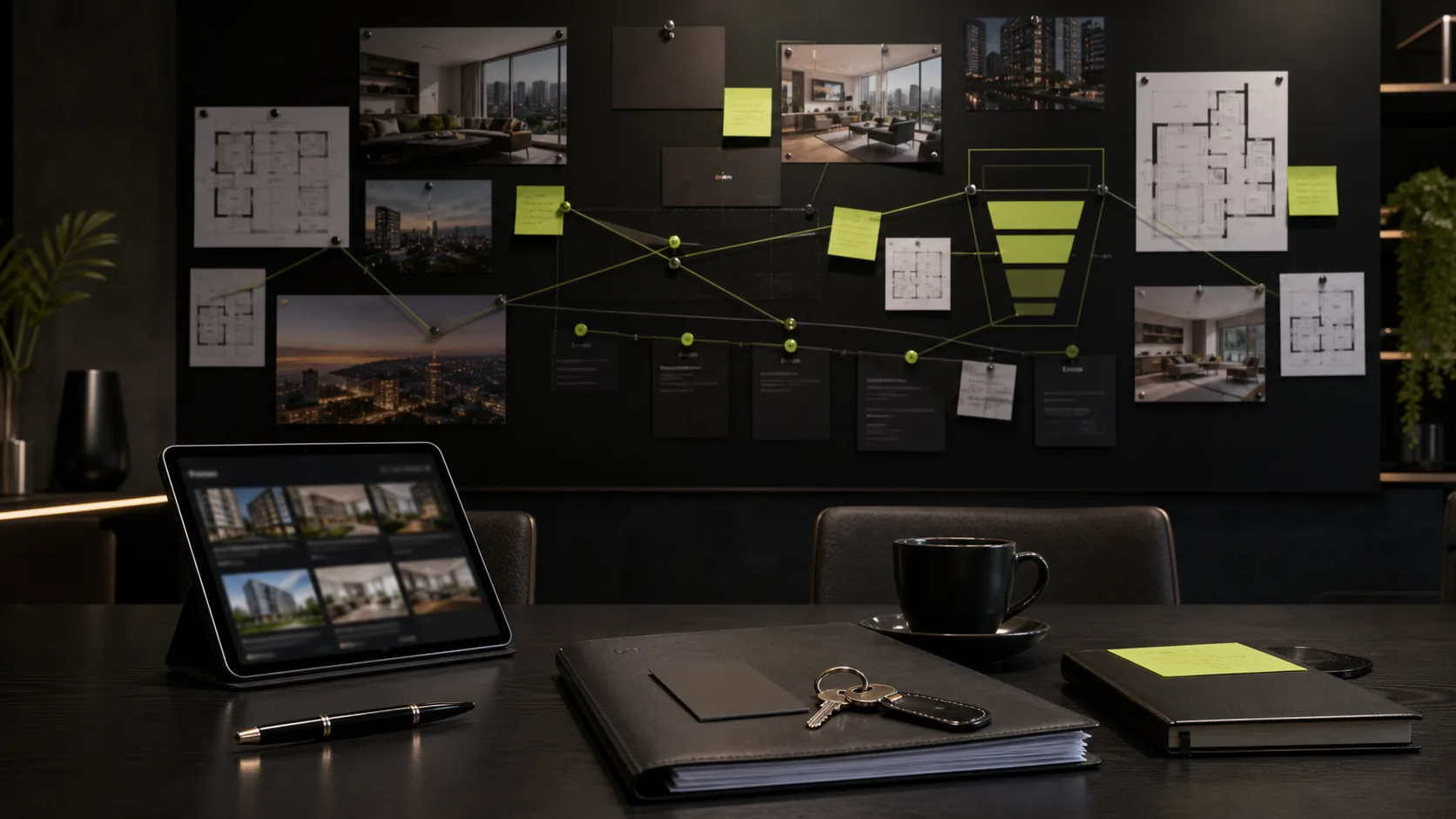 Sala de operação imobiliária com funil, imóveis e prioridades conectadas.