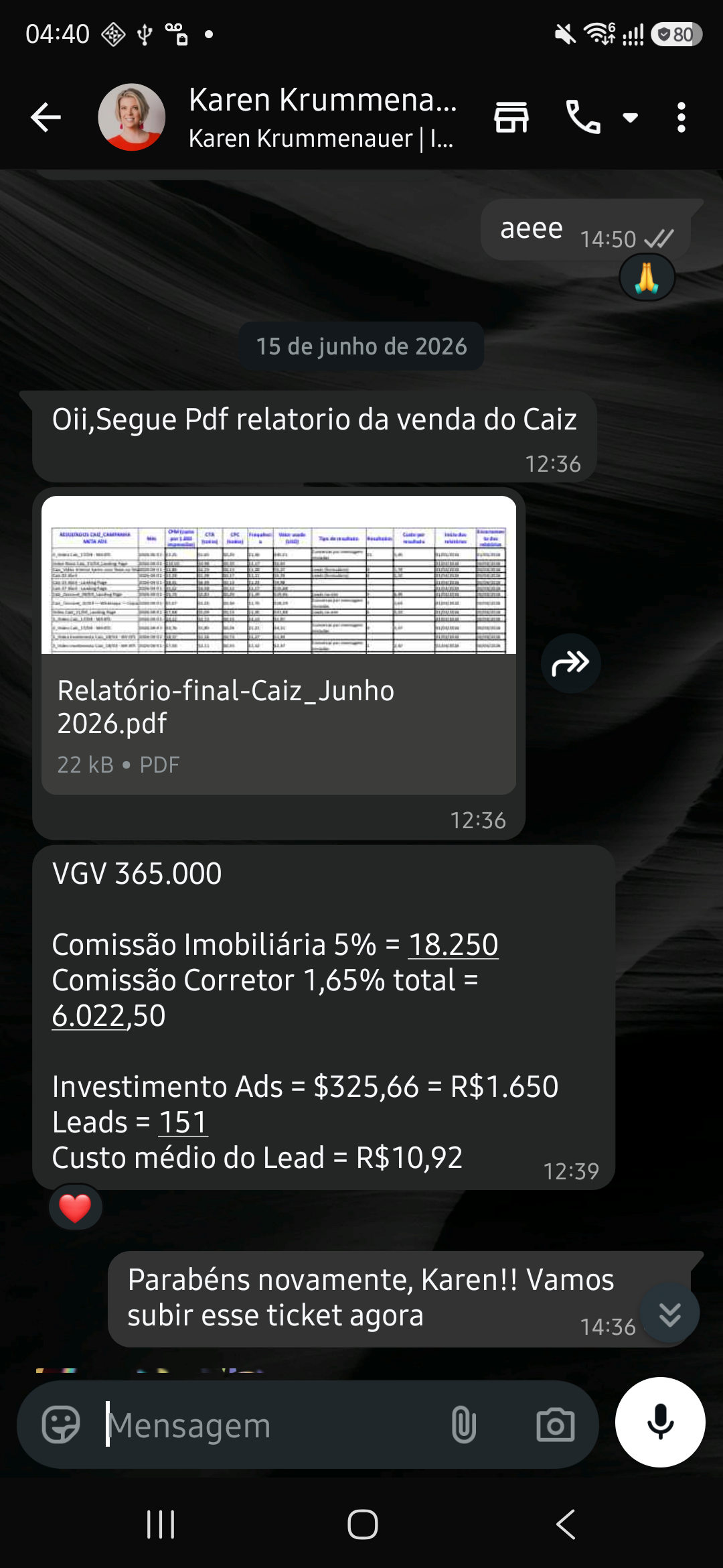 Conversa de Karen Krummenauer sobre seu resultado